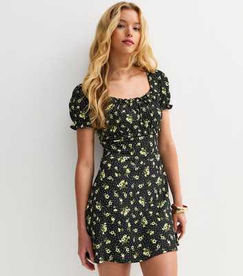 Black Floral Short Sleeve Mini Dress