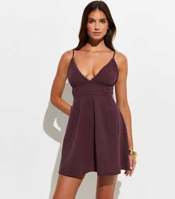 Dark Brown Cotton Tie Back Mini Dress