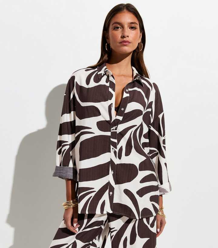 Brown Woven Leaf Print Beach Shirt