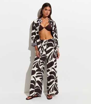 Brown Leaf Print Chiffon Beach Trousers