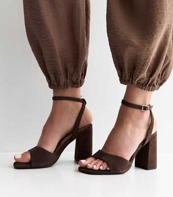 Premium Real Leather Dark Brown Suede Block Heel Sandals