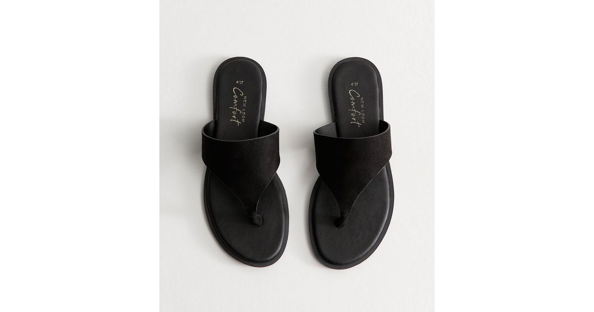 Black Faux Suede Wide Toe Strap Flat Sandals | New Look