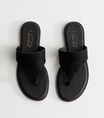 Black Faux Suede Wide Toe Strap Flat Sandals