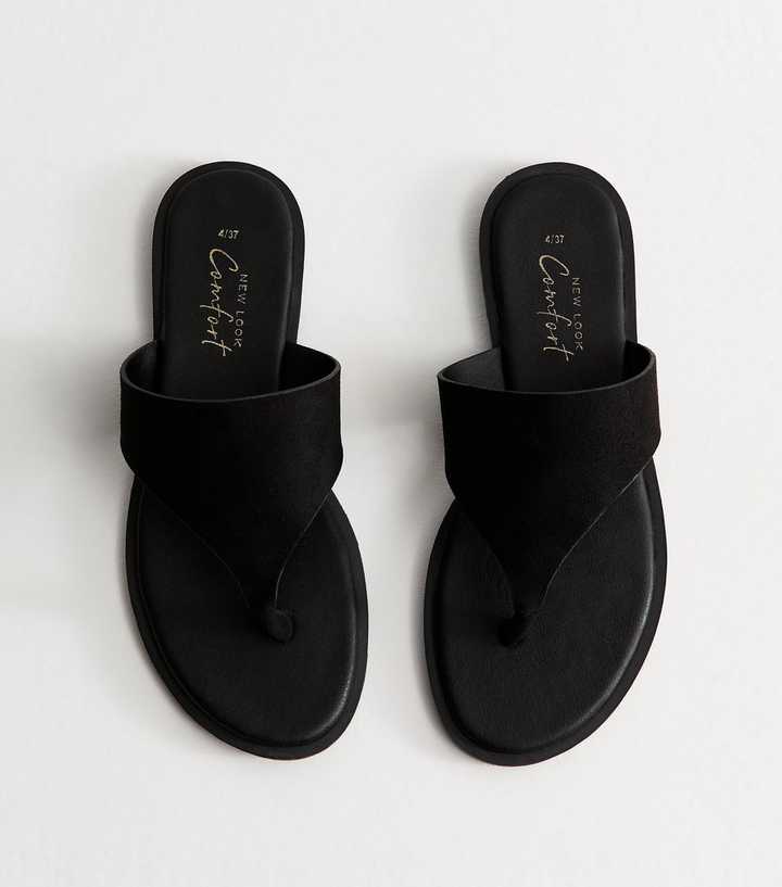 Black Faux Suede Wide Toe Strap Flat Sandals