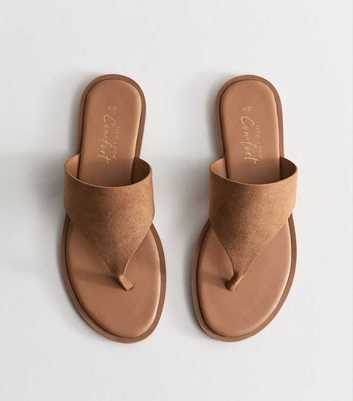 Tan Faux Suede Wide Toe Strap Flat Sandals