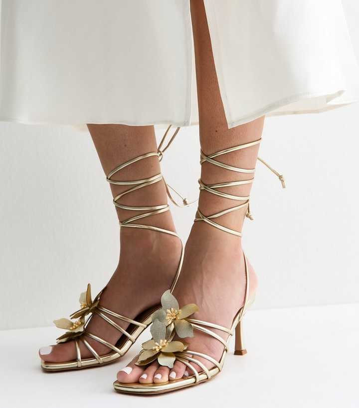Gold Faux Leather Flower Strap Stiletto Sandals