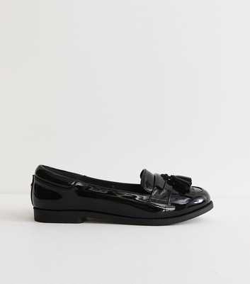 Black Patent Faux Leather Tassel Trim Loafers