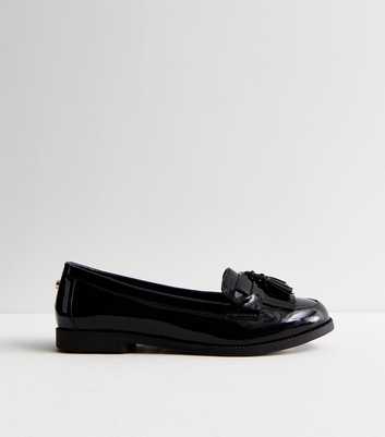 Black Patent Faux Leather Tassel Trim Loafers