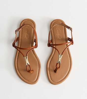 Tan Faux Leather Hardware Detail Toe Post Sandals