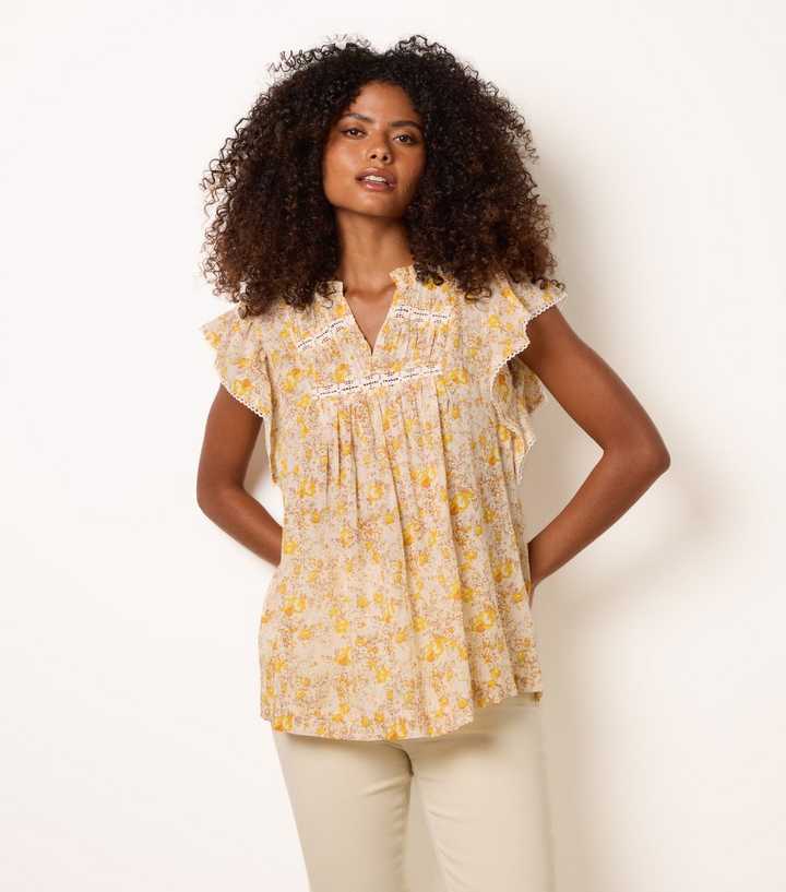 Blue Vanilla Yellow Cotton Floral Ruffle Sleeve Blouse