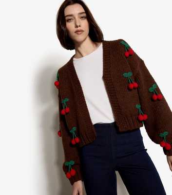 Apricot Brown Cherry Appliqued Open Cardigan