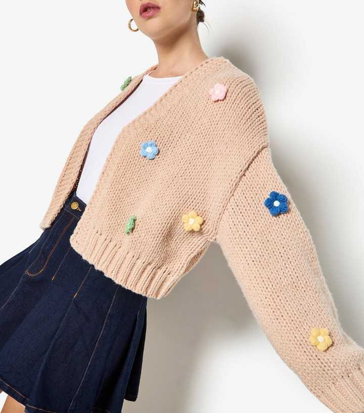 Apricot Stone Daisy Appliqued Open Cardigan