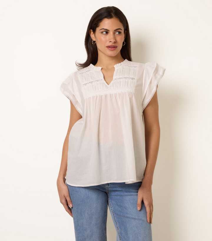 Blue Vanilla Off White Cotton Ruched Top