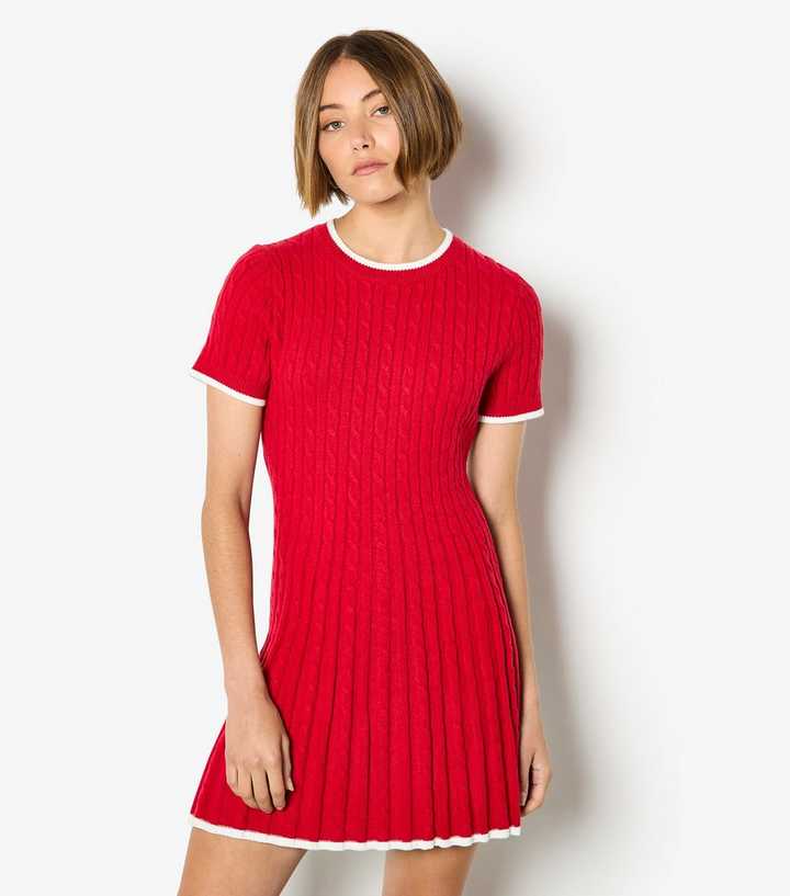 Apricot Bright Red Cable Knit Contrast Trim Mini Dress