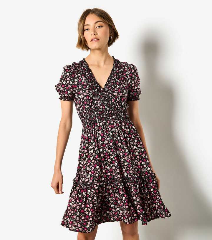 Apricot Pink Floral Print Tiered Skirt Mini Dress