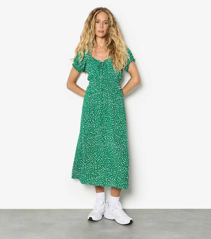 Apricot Green Spotted Milkmaid Midi Dress