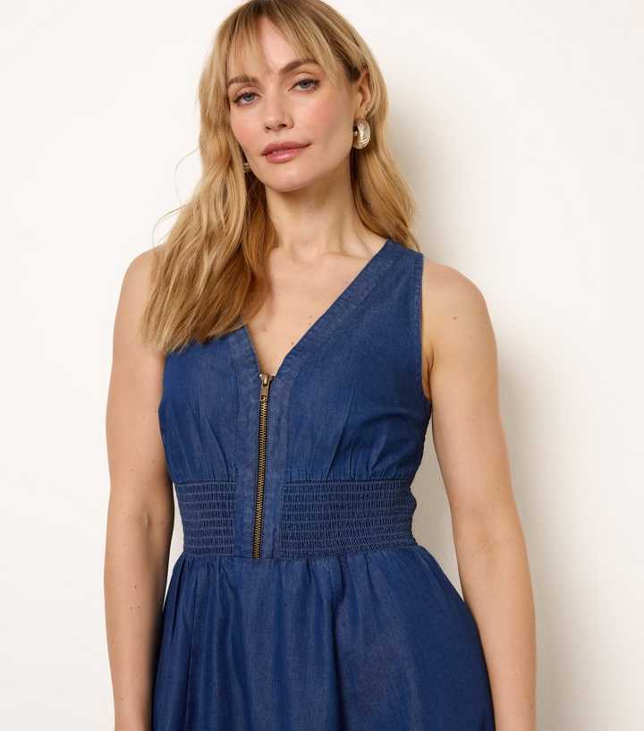 Blue Vanilla Dark Blue Denim Zip Front Midi Dress | New Look
