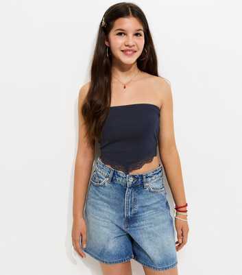 Girls Navy Lace Trim Handkerchief Hem Bandeau Top