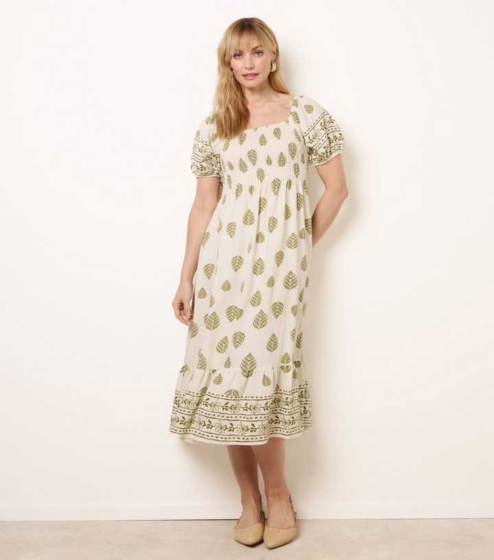 Blue Vanilla Green Patterned Square Neck Midi Dress