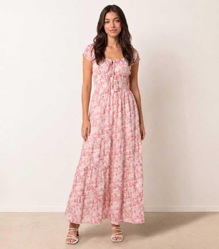 Blue Vanilla Pink Floral Print Tie Front Maxi Dress