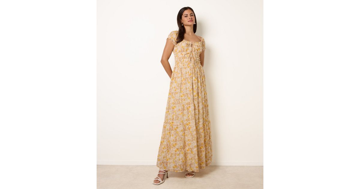 Blue Vanilla Yellow Floral Print Tie Front Maxi Dress