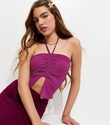 Girls Dark Purple Gathered Butterfly Hem Halter Top