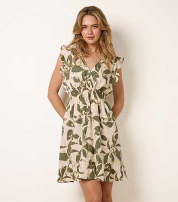 Blue Vanilla Dark Khaki Leaf Print Mini Dress
