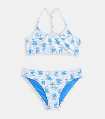 Girls White Palm Tree Print Triangle Bikini Top and Bottoms Set