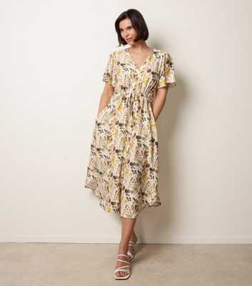 Blue Vanilla Yellow Leaf Print V-Neck Midi Dress
