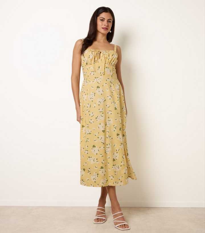Blue Vanilla Light Yellow Cotton Floral Midi Dress