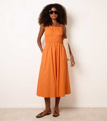 Blue Vanilla Bright Orange Ruched Bust Strappy Midi Dress