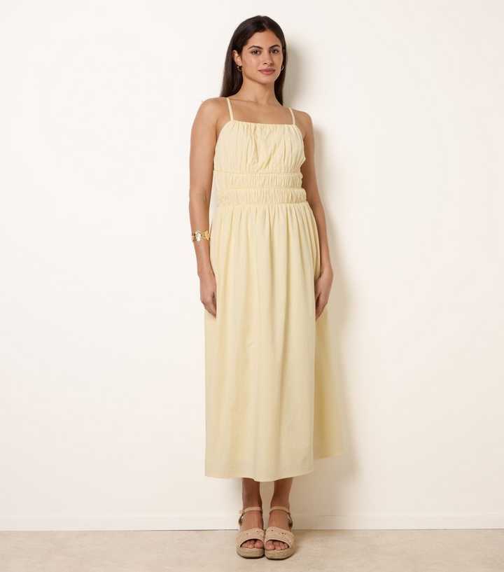 Blue Vanilla Light Yellow Ruched Bust Strappy Midi Dress