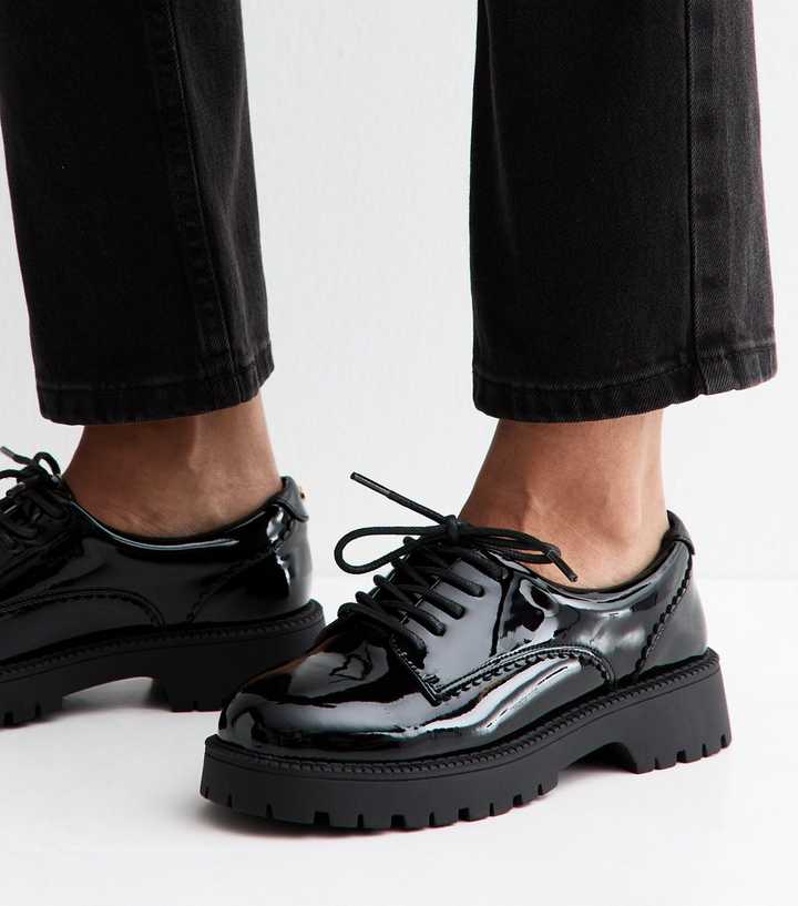 Black Patent Faux Leather Lace Up Shoes