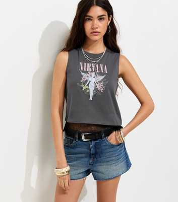 Dark Grey Cotton Distressed Nirvana Angel Print Lace Trim Tank Top