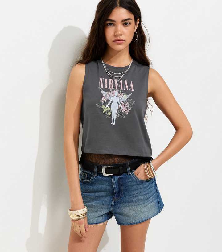 Dark Grey Cotton Distressed Nirvana Angel Print Lace Trim Tank Top
