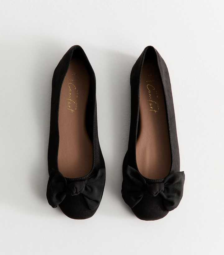 Wide Fit Black Faux Suede Bow Ballet Flats