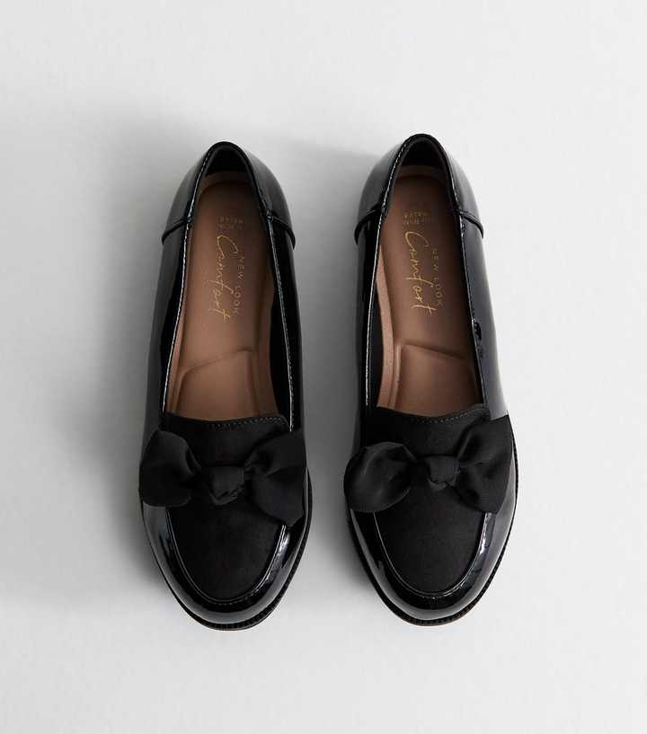 Extra Wide Fit Black Patent Faux Leather Bow Front Loafers