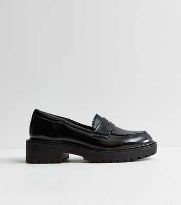 Black Shiny Faux Leather Chunky Loafers