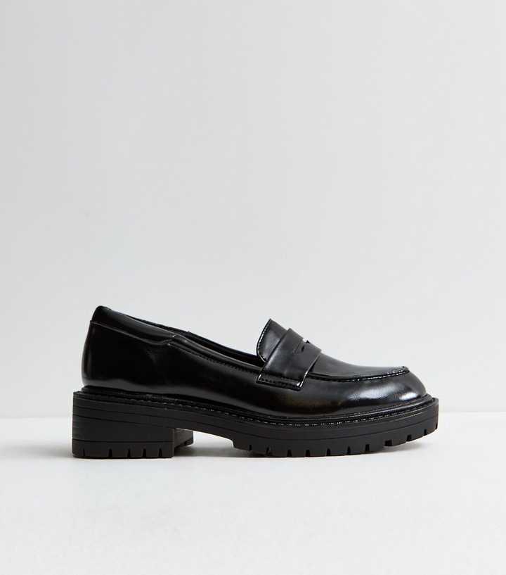Black Shiny Faux Leather Chunky Loafers
