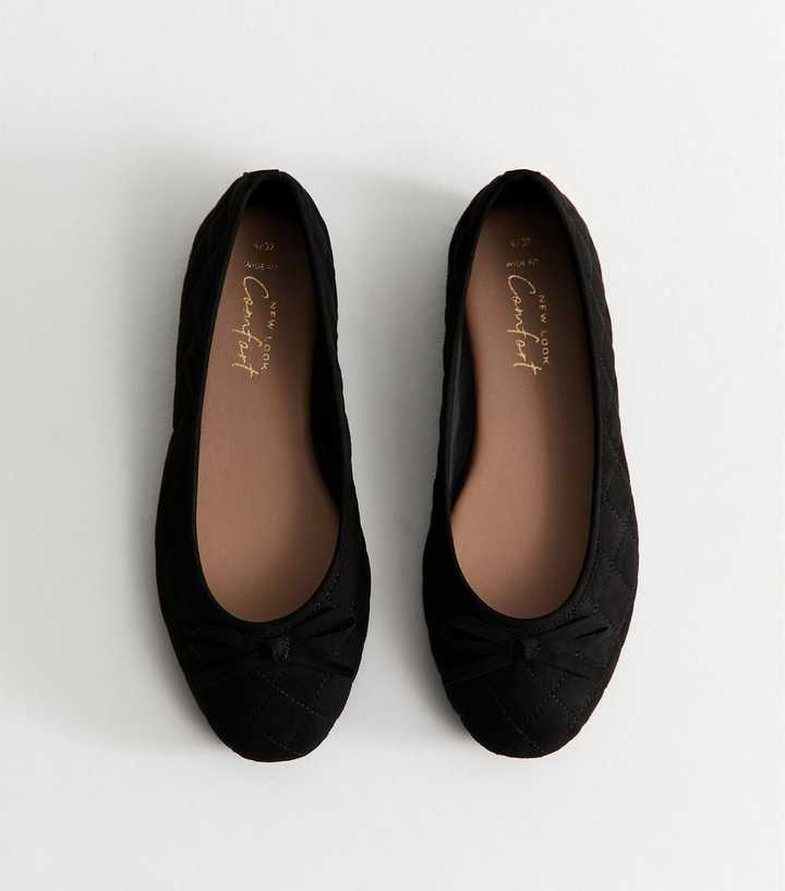 Wide Fit Black Faux Suede Quilted Ballerina Flats