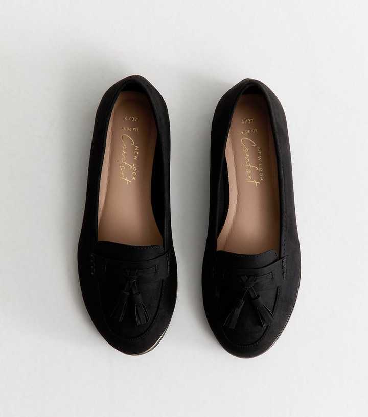Wide Fit Black Faux Suede Tassel Loafers
