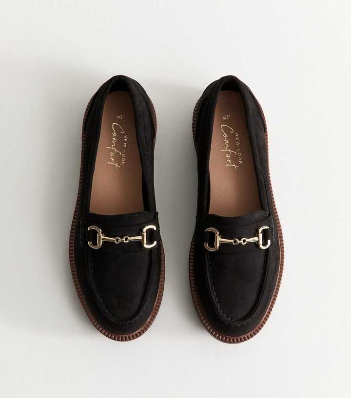 Black Faux Suede Horsebit Details Loafers