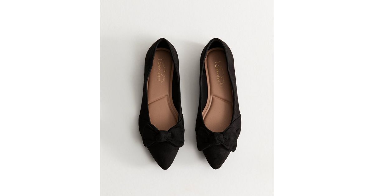 Wide Fit Black Faux Suede Bow Ballet Pumps | New Look