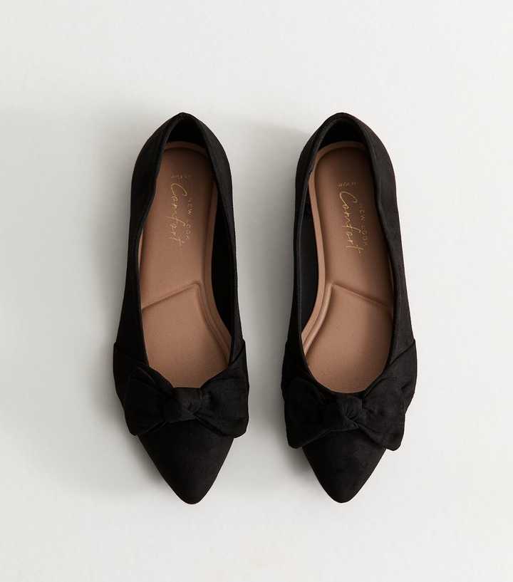 Wide Fit Black Faux Suede Bow Ballet Pumps