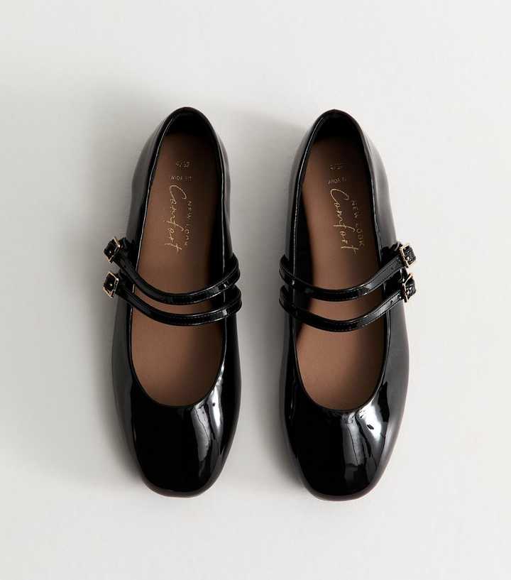 Wide Fit Black Faux Patent Leather Double Strap Mary Jane Sandals