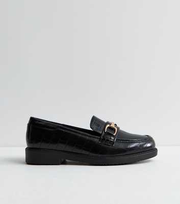 Wide Fit Black Faux Leather Croc Embossed Loafers