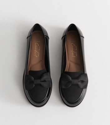 Wide Fit Black Faux Patent Leather Bow Loafers