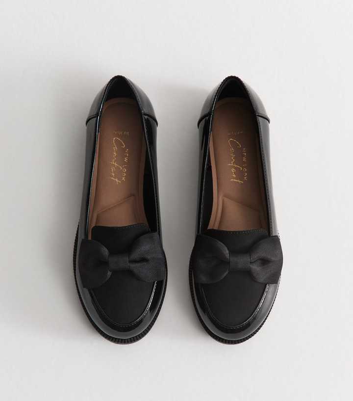 Wide Fit Black Faux Patent Leather Bow Loafers