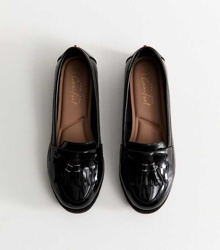 Wide Fit Black Faux Patent Leather Loafers