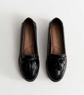 Black Faux Patent Leather Crinkle Texture Tassel Loafers